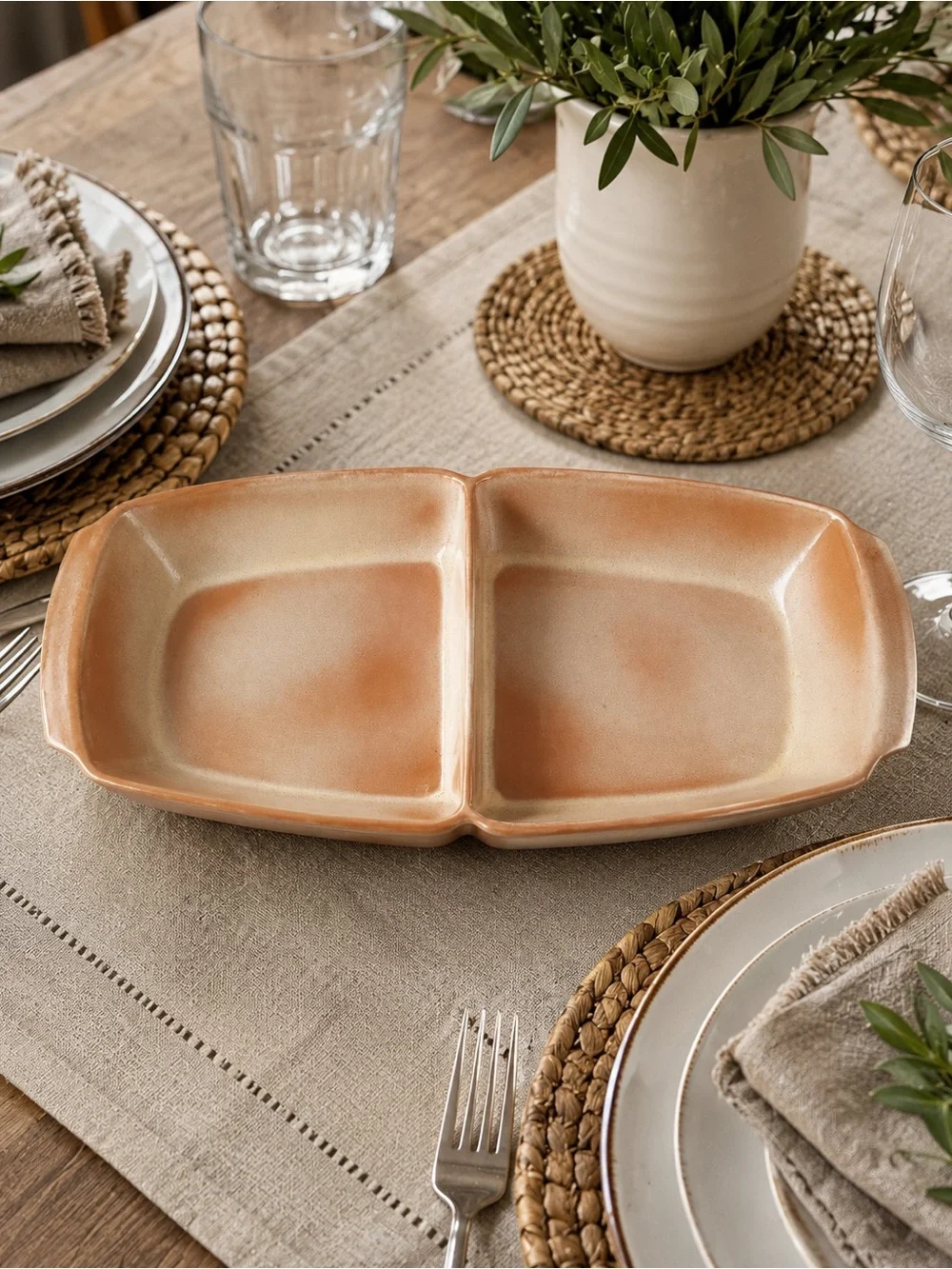 Vintage Frankoma 5QD Divided Relish Serving Tray Peach Cream Pottery